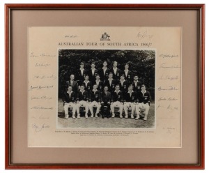 THE AUSTRALIAN TOUR OF SOUTH AFRICA 1966/67 official team photograph signed by the whole touring party including Bob Simpson (Capt.) and Bill Lawry (Vice-Capt.); rarely seen. Framed & glazed, overall 40 x 49cm.Details of tour.