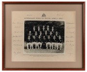 THE AUSTRALIAN TOUR OF SOUTH AFRICA 1966/67 official team photograph signed by the whole touring party including Bob Simpson (Capt.) and Bill Lawry (Vice-Capt.); rarely seen. Framed & glazed, overall 40 x 49cm.Details of tour.