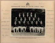 THE AUSTRALIAN TOUR OF SOUTH AFRICA 1966/67 official team photograph signed by the whole touring party including Bob Simpson (Capt.) and Bill Lawry (Vice-Capt.); rarely seen. Framed & glazed, overall 40 x 49cm.Details of tour. - 2