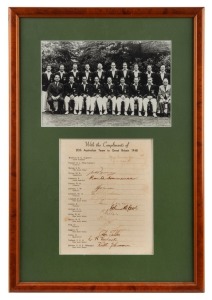 1948 AUSTRALIAN TEAM TO GREAT BRITAIN "The Invincibles" official team sheet, signed by the whole touring party but with several signatures faded. Mounted, framed and glazed together with a team photograph, overall 53 x 36cm.
