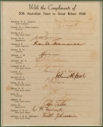 1948 AUSTRALIAN TEAM TO GREAT BRITAIN "The Invincibles" official team sheet, signed by the whole touring party but with several signatures faded. Mounted, framed and glazed together with a team photograph, overall 53 x 36cm. - 2