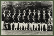 1948 AUSTRALIAN TEAM TO GREAT BRITAIN "The Invincibles" official team sheet, signed by the whole touring party but with several signatures faded. Mounted, framed and glazed together with a team photograph, overall 53 x 36cm. - 3