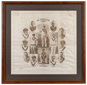 "THE AUSTRALIANS 1930" handkerchief by A. Wilkes & Son, West Bromwich; depicts the whole Australian team. Framed & glazed; overall 53 x 54cm. Rare.
