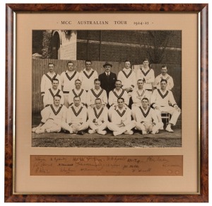 M.C.C. AUSTRALIAN TOUR 1924-25: large format team photograph, mounted together with the original signatures of all 18 members of the touring party, including Hobbs, Howell, Woolley, Gilligan and Strudwick. Framed & glazed, overall 49 x 50cm. Australia won the rubber, 4-1. For England, Sutcliffe made 734 and Hobbs made 573 runs, while Tate took 38 wickets. and Strudwick 16 catches. Australia's best batsmen were Taylor (541), Ponsford (468) and Ryder (363).