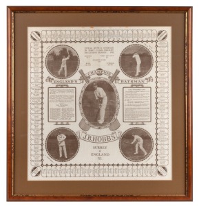 "ENGLAND'S CHAMPION BATSMAN J.B. HOBBS - SURREY & ENGLAND XI" souvenir handkerchief; superb condition; framed & glazed, overall 53 x 51cm.