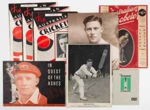Several publications from the Estate of Ernie Bromley: "The Australian Cricketer" magazines (May 1932, 21 October 1933, 3 & 10 March 1934), all featuring articles about Bromley; "In Quest of the Ashes 1934", "The Australians in England 1924" (Manchester Guardian booklet), and two publicity photographs. (8 items).