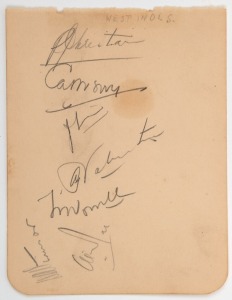 WEST INDIES TEAM IN AUSTRALIA 1951-52: An autograph book page featuring 7 of the tourists, including Frank Worrell, Alf Valentine, A.F. Rae, R.J. Christiani and John Trim. Worral scored the most runs for the West Indies (337) and Valentine took the most wickets (24).