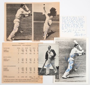 A small collection of autographs, comprising of DON BRADMAN (pen on postcard size photo), LINDSAY HASSETT (on a pen-written notecard dated 1977), BILL O'REILLY (pen, on a printout of his statistics), KEITH MILLER (2), and RAY LINDWALL (pen, on magazine cutouts), (6 items).