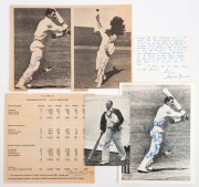 A small collection of autographs, comprising of DON BRADMAN (pen on postcard size photo), LINDSAY HASSETT&nbsp;(on a pen-written notecard&nbsp;dated 1977), BILL O'REILLY (pen, on a printout of his statistics), KEITH MILLER (2), and RAY LINDWALL (pen, on magazine cu