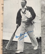 A small collection of autographs, comprising of DON BRADMAN (pen on postcard size photo), LINDSAY HASSETT&nbsp;(on a pen-written notecard&nbsp;dated 1977), BILL O'REILLY (pen, on a printout of his statistics), KEITH MILLER (2), and RAY LINDWALL (pen, on magazine cu - 2