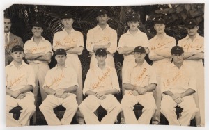 SOUTH AFRICA: 1938-39 South Africa v England, team photograph with 11 signatures including Alan Melville, E.A.B.Rowan, Norman Gordon & Bruce Mitchell. 20 x 32.5cm.
