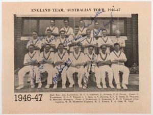 1946-47 England Team to Australia, team picture (from a publication) with 9 ink signatures including Norman Yardley, Len Hutton, Bill Edrich, Cyril Washbrook & Alec Bedser. Australia won the Five Match series 3-0.