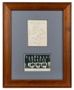 1938 Australian team sheet fully signed and mounted together with a reproduction photograph of the team led by Don Bradman; framed & glazed, overall 55 x 44.5cm.