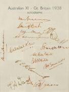 1938 Australian team sheet fully signed and mounted together with a reproduction photograph of the team led by Don Bradman; framed & glazed, overall 55 x 44.5cm. - 2