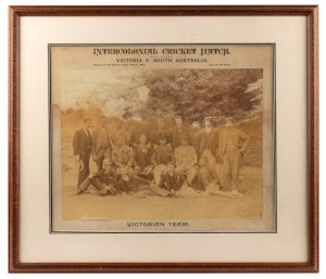 VICTORIAN TEAM 1894: An original albumen paper photograph laid down on printed backing card, headed 'INTERCOLONIAL CRICKET MATCH, VICTORIA V. SOUTH AUSTRALIA, Played on the Adelaide Oval, March 1894'. An extremely rare image but with defects. Framed & glazed. Overall 49 x 57cm