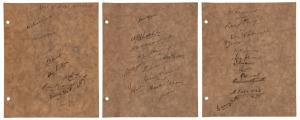 SIR DONALD BRADMAN and others, 1940. A rare series of signatures from the early War years, on three matching sheets: comprising of "Rest of Australia" featuring Bradman, Grimmett, Brown, Ring, Tallon, Hasset and others; "NEW SOUTH WALES" featuring McCabe, Cheetham, Chipperfield, O'Reilly, Saggers, Barnes and others; and, "VICTORIA" with Barnett, Ring, Fothergill (Collingwood footballer), Miller, Johnson, Hassett, etc. (Total: 33 signatures).