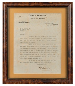 May 1924, original signed letter from P.F. Warner, on "The Cricketer" letterhead; framed & glazed; overall 35 x 30cm.