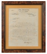 May 1924, original signed letter from P.F. Warner, on "The Cricketer" letterhead; framed & glazed; overall 35 x 30cm.