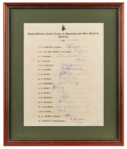 SOUTH AFRICA in AUSTRALIA & NEW ZEALAND: Official South African team sheet signed by all 17 members of the squad, including Goddard (Capt.) and Van der Merwe"; framed & glazed, overall 35 x 30cm.