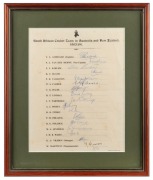 SOUTH AFRICA in AUSTRALIA & NEW ZEALAND: Official South African team sheet signed by all 17 members of the squad, including Goddard (Capt.) and Van der Merwe"; framed & glazed, overall 35 x 30cm.