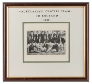 THE AUSTRALIAN TEAM IN ENGLAND 1909: fully signed original postcard of Bollard team photo. Framed & glazed, overall 29 x 31cm.