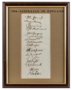 THE AUSTRALIAN TEAM IN ENGLAND 1926: A fully signed sheet with the signatures of all 16 members of the touring party, including Bardsley, Mailey, Grimmett, Woodfull, and Ponsford. Framed & glazed; overall 30 x 23cm.
