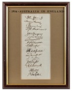 THE AUSTRALIAN TEAM IN ENGLAND 1926: A fully signed sheet with the signatures of all 16 members of the touring party, including Bardsley, Mailey, Grimmett, Woodfull, and Ponsford. Framed & glazed; overall 30 x 23cm.