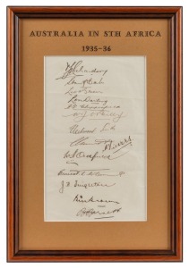 THE AUSTRALIANS IN SOUTH AFRICA 1935-36: A fully signed sheet, with the original signatures of all 14 members of the touring party; including Richardson, McCabe, Brown, Darling and Grimmett. Framed & glazed, overall 30 x 21cm.