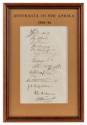 THE AUSTRALIANS IN SOUTH AFRICA 1935-36: A fully signed sheet, with the original signatures of all 14 members of the touring party; including Richardson, McCabe, Brown, Darling and Grimmett. Framed & glazed, overall 30 x 21cm.