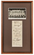 THE AUSTRALIAN TEST TEAM 1930: An original photographic postcard of the team, mounted together with a fully signed sheet with all 17 members of the touring party, including Woodfull, Richardson, Oldfield, Bradman and Ponsford. Framed & glazed, overall 41 