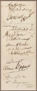 THE AUSTRALIAN TEST TEAM 1930: An original photographic postcard of the team, mounted together with a fully signed sheet with all 17 members of the touring party, including Woodfull, Richardson, Oldfield, Bradman and Ponsford. Framed & glazed, overall 41 - 2