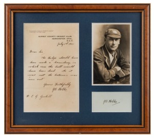 J.B. HOBBS original ALS dated July 1925 on Surrey County Cricket Club letterhead, responding to a cricket enquiry; mounted, framed and glazed together with an original postcard portrait of him; overall 30 x 33cm.