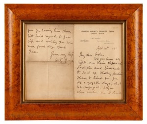 W.G. GRACE: Original ALS dated September 1905 on London County Cricket Club letterhead, thanking his correspondent for his invitation and hospitality; framed & glazed, overall 30 x 36cm.