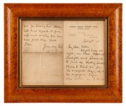 W.G. GRACE: Original ALS dated September 1905 on London County Cricket Club letterhead, thanking his correspondent for his invitation and hospitality; framed & glazed, overall 30 x 36cm.
