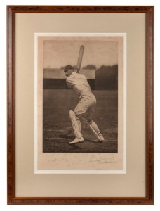 Stanley Jackson, signature on lower right margin of superb half-tone offset lithographic original of the England Captain, Stanley Jackson, in full flight, published by the Swan Electric Engraving Company, London, 1st September, 1905; image size 28 x 42 cm, some tone spots, overall 75 x 55cm. An excellent photogravure of Jackson, former England Captain, who played twenty Tests from 1893 to 1905, 'stepping out to drive', taken from the original action photograph by George William Beldam.