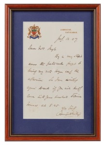 AN ORIGINAL LETTER FROM RANJITSINHJI: July 1907 ALS headed Jamnagar, Kathiawar, with a hand-written invitation to dinner, signed by Ranji. Framed & glazed; overall 28 x 20cm.