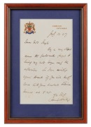 AN ORIGINAL LETTER FROM RANJITSINHJI: July 1907 ALS headed Jamnagar, Kathiawar, with a hand-written invitation to dinner, signed by Ranji. Framed & glazed; overall 28 x 20cm.