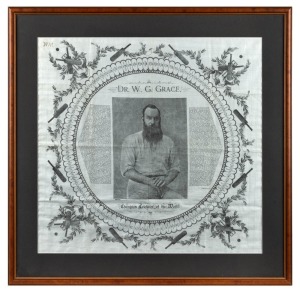 "DR. W.G. GRACE Champion Cricketer of the World" souvenir handkerchief, circa 1895; superb condition; attractively framed & glazed; overall 69 x 70cm.