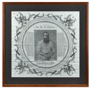 "DR. W.G. GRACE Champion Cricketer of the World" souvenir handkerchief, circa 1895; superb condition; attractively framed & glazed; overall 69 x 70cm.