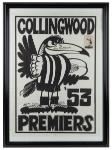 A Collingwood 1953 Premiers souvenir poster with artwork by Weg, signed by Lou Richards, and additionally with a Kornies Lou Richards card affixed. Framed & glazed with a C of A on reverse. Overall 75 x 25cm,