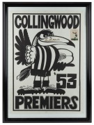 A Collingwood 1953 Premiers souvenir poster with artwork by Weg, signed by Lou Richards, and additionally with a Kornies Lou Richards card affixed. Framed & glazed with a C of A on reverse. Overall 75 x 25cm,