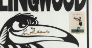 A Collingwood 1953 Premiers souvenir poster with artwork by Weg, signed by Lou Richards, and additionally with a Kornies Lou Richards card affixed. Framed & glazed with a C of A on reverse. Overall 75 x 25cm, - 2
