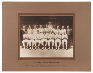 "VICTORIAN TEAM - SEASON 1923-24, WINNERS OF THE SHEFFIELD SHIELD", large team photograph by Talma, Melbourne, mounted on printed backing card with printed details of the team, overall 48 x 60.5cm. The team, captained by Jack Ryder included Hartkopf, Grimmett, Woodfull, Ponsford and Ransford. Victoria won all four matches it played in the 1923-24 season. Ponsford topped the run scoring with 529; Hartkopf took the most wickets, with 22.