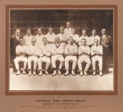 "VICTORIAN TEAM - SEASON 1923-24, WINNERS OF THE SHEFFIELD SHIELD", large team photograph by Talma, Melbourne, mounted on printed backing card with printed details of the team, overall 48 x 60.5cm. The team, captained by Jack Ryder included Hartkopf, Gri - 2
