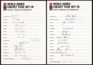 WORLD SERIES CRICKET TOUR 1977-78: Two official team sheets: WEST INDIANS, with 14 signatures including Lloyd, Garner, Greenidge, Holding and Richards; and the WORLD TEAM, with 15 signatures including Greig, Abbas, I. Khan, Underwood and Woolmer. (2).