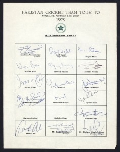 PAKISTAN: 1979 Tour to New Zealand, Australia & Sri Lanka: official team sheet with 16 signatures including Mushtaq Mohammad, Asif Iqbal, Imran Khan, Javed Miandad and Zaheer Abbas.