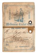 Melbourne Cricket Club: 1863-64 Member's Season Ticket, brown leather covers with gilt 'M.C.C. 1863-4.' on front & back; signed internally by the Treasurer, J. Henderson. Extremely scarce. - 2
