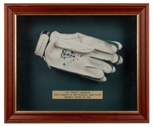 IAN BOTHAM: A Special Test 251 batting glove signed by Botham, together with a plaque recording his Test career statistics; framed & glazed; overall 34 x 40cm. Accompanied by the silent auction receipt from the event at which the glove was purchased.