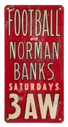 TRAMWAYS vintage lithographed metal sign "FOOTBALL WITH NORMAN BANKS, SATURDAY WITH 3AW", mid 20th century, ​​​​​​​61 x 30cm