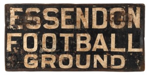 TRAMWAYS vintage metal double sided destination sign "ESSENDON FOOTBALL GROUND" and "CARLTON FOOTBALL GROUND", mid 20th century, 28 x 56cm